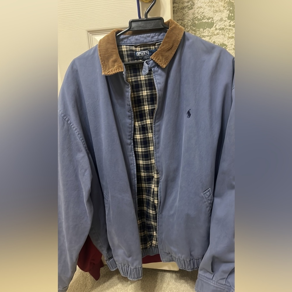 Vintage Ralph Lauren baby blue plaid lined full zip up Harrington jacket